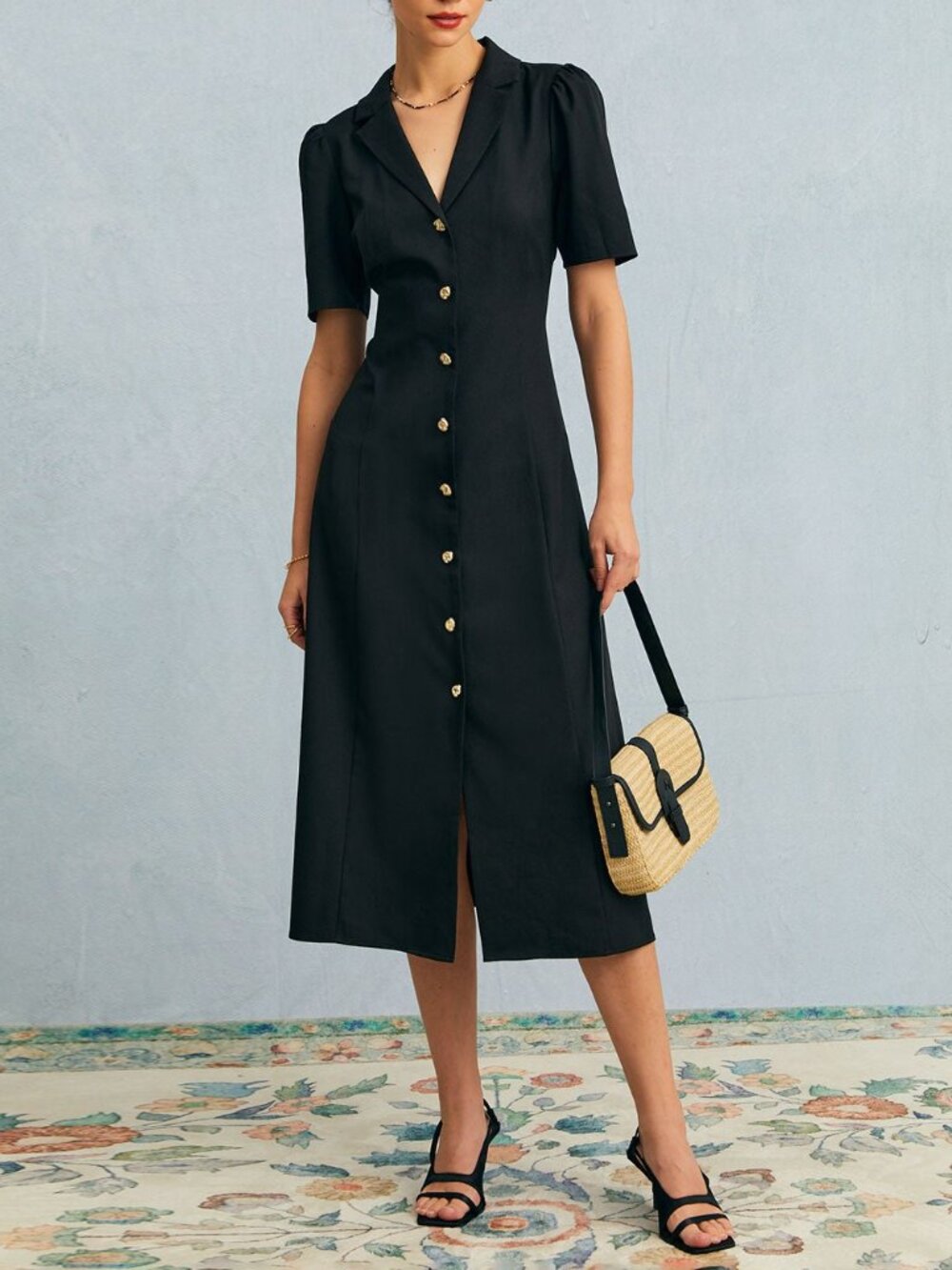NWOT RIHOAS The Black V Neck Button Puff Sleeve Midi Dress